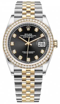 Rolex Datejust 36-126283RBR (Yellow Rolesor Jubilee Bracelet, Gold Diamond-set Bright-black Dial, Diamond Bezel)