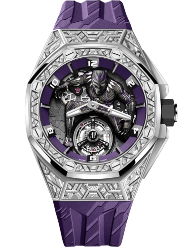 Audemars Piguet Royal Oak Concept 42-26623BC.GG.D077CA.01 (Purple Rubber Strap, Black-Panther White Gold Openworked Dial, Engraved White Gold Bezel)