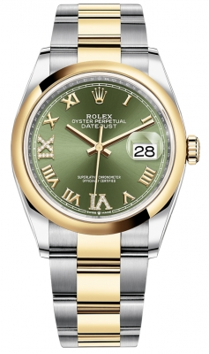 Rolex Datejust 36-126203 (Yellow Rolesor Oyster Bracelet, VI IX Gold Diamond-set Olive-green Dial, Domed Bezel)