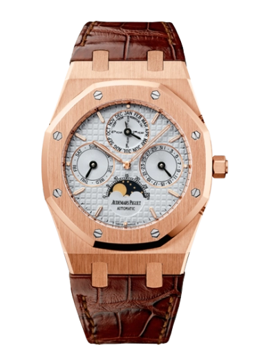 Audemars Piguet Royal Oak 39-26252OR.OO.D092CR.02 (Brown Alligator Leather Strap, Grande Tapisserie Silver-toned Index Dial, Pink Gold Smooth Bezel)