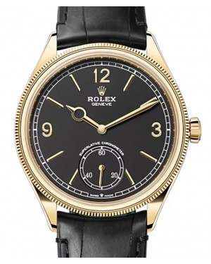 Rolex 1908 39-52508 (Black Alligator Leather Strap, Intense-black Roman/Index Dial, Domed & Fluted Bezel)