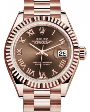 Rolex Lady-Datejust 28-279175 (Everose Gold President Bracelet, Chocolate Roman Dial, Fluted Bezel)
