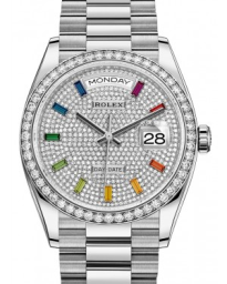 Rolex Day-Date 36-128349RBR (White Gold President Bracelet, Diamond-paved Rainbow-colored Sapphire-set Index Dial, Diamond Bezel) (m128349rbr-0006)