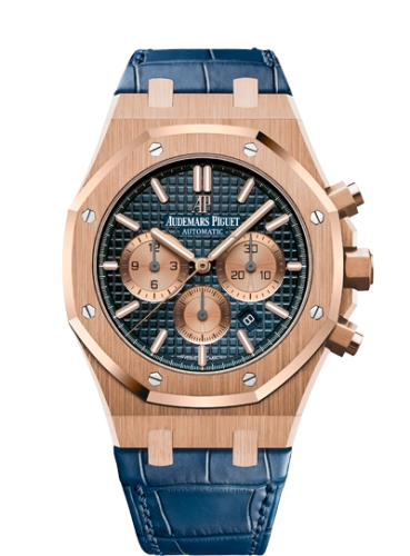 Audemars Piguet Royal Oak 41-26331OR.OO.D315CR.01 (Blue Alligator Leather Strap, Grande Tapisserie Blue Index Dial, Pink Gold Smooth Bezel)