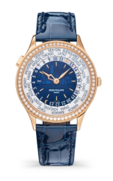 Patek Philippe Complications 36-7130R-012 (Shiny Navy-blue Alligator Leather Strap, New York Blue Index Dial, Diamond Bezel) (7130G-014)