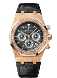 Audemars Piguet Royal Oak 39-26557OR.ZZ.D098CR.02 (Black Alligator Leather Strap, Grande Tapisserie Grey Index Dial, Pink Gold Diamond-set Bezel) (26557OR.ZZ.D098CR.02)