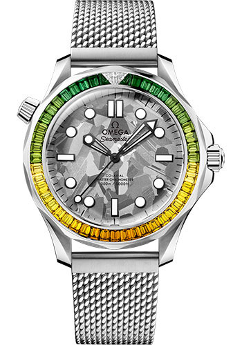 Omega Seamaster Diver 300M 42-210.55.42.20.99.001 (Meshed Canopus Gold Bracelet, Natural-grey Silicon Dot Index Dial, Green/yellow Diamond-set Bezel)