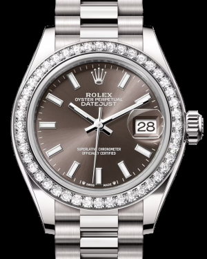 Rolex Lady-Datejust 28-279139RBR (White Gold President Bracelet, Dark-grey Index Dial, Diamond Bezel)