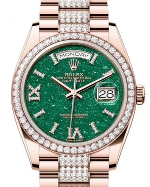 Rolex Day-Date 36-128345RBR (Everose Gold Diamond-set President Bracelet, VI IX Gold Diamond-set Green Adventurine Dial, Diamond Bezel)