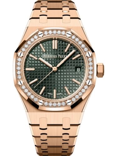 Audemars Piguet Royal Oak 37-15551OR.ZZ.1356OR.06 (Pink Gold Bracelet, Grande Tapisserie Khaki-green Index Dial, Brilliant-cut Diamond-set Bezel)