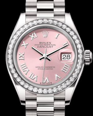 Rolex Lady-Datejust 28-279139RBR (White Gold President Bracelet, Pink Roman Dial, Diamond Bezel)