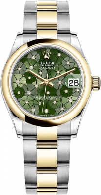 Rolex Datejust 31-278243 (Yellow Rolesor Oyster Bracelet, Gold Diamond-set Olive-green Floral Dial, Domed Bezel)
