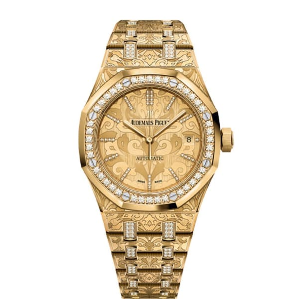 Audemars Piguet Royal Oak 37-15456BA.ZG.1251BA.01 (Cashmere Patterned Diamond-set Yellow Gold Bracelet, Cashmere Patterned Champagne Diamond Index Dial, Yellow Gold Diamond-set Bezel)