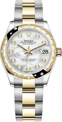 Rolex Datejust 31-278343RBR (Yellow Rolesor Oyster Bracelet, Gold Diamond-set White MOP Dial, Domed Diamond Bezel)