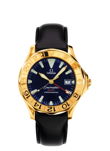 Omega Seamaster Diver 300M 41-2634.80.93 (Black Leather Strap, Wave-embossed Blue Index Dial, Rotating Yellow Gold Bezel)