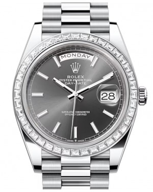 Rolex Day-Date 40-228396TBR (Platinum President Bracelet, Slate Index Dial, Diamond Bezel)