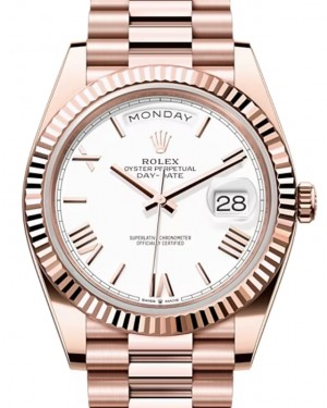 Rolex Day-Date 40-228235 (Everose Gold President Bracelet, White Roman Dial, Fluted Bezel)