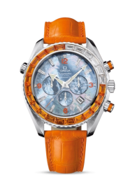 Omega Seamaster Planet Ocean 600M 45.5-222.28.46.50.57.001 (Orange Alligator Leather Strap, Blue MOP Arabic/Index Dial, Baguette-cut Orange Sapphire/Diamond-set Bezel) (Omega 222.28.46.50.57.001)