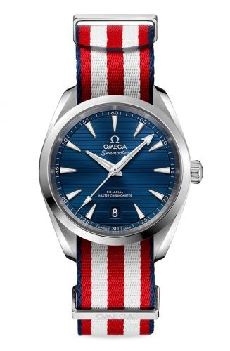 Omega Seamaster Aqua Terra 150M 38-220.12.38.20.03.003 (Blue/Red/White NATO Strap, Horizontal-teak Blue Index Dial, Stainless Steel Bezel)