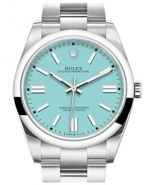 Rolex Oyster Perpetual 41-124300 (Oystersteel Oyster Bracelet, Turquoise-blue Index Dial, Domed Bezel)