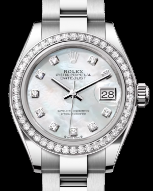 Rolex Lady-Datejust 28-279384RBR (Oystersteel Oyster Bracelet, Gold Diamond-set White MOP Dial, Diamond Bezel)