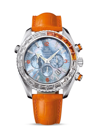 Omega Seamaster Planet Ocean 600M 45.5-222.28.46.50.57.003 (Orange Alligator Leather Strap, Blue MOP Arabic/Index Dial, Baguette-cut Orange Sapphire/Diamond-set Bezel)