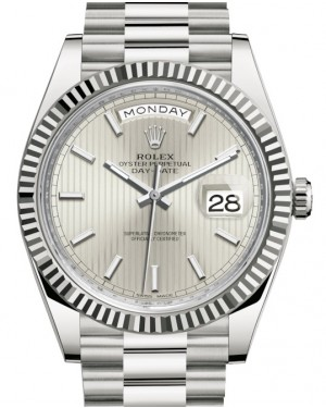 Rolex Day-Date 40-228239 (White Gold President Bracelet, Silver Stripe Index Dial, Fluted Bezel)