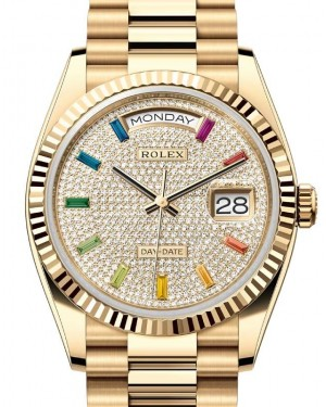 Rolex Day-Date 36-128238 (Yellow Gold President Bracelet, Diamond-paved Rainbow-colored Sapphire-set Index Dial, Fluted Bezel)