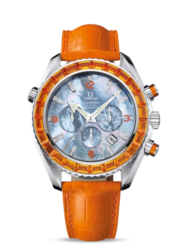 Omega Seamaster Planet Ocean 600M 45.5-222.28.46.50.57.005 (Orange Alligator Leather Strap, Blue MOP Arabic/Index Dial, Baguette-cut Orange Sapphire-set Bezel)
