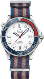 Omega Seamaster Diver 300M 41-212.32.41.20.04.001 (Blue/Red/Grey NATO Strap, White Dot Index Dial, Rotating Blue Ceramic Bezel) (Omega 212.32.41.20.04.001)