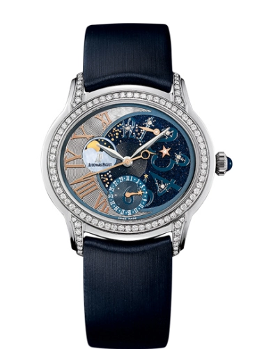 Audemars Piguet Millenary 39.5-77315BC.ZZ.D007SU.01 (Night-blue Technological-silk Strap, Off-centred Blue Aventurine Arabic Disc/Silver-toned Flinqué Roman Night-themed Dial, Brilliant-cut Diamond-set Bezel)