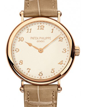Patek Philippe Calatrava 34.6-7200R-001 (Matte Pearly-beige Alligator Leather Strap, Silvery-grained Arabic Dial, Rose Gold Smooth Bezel)