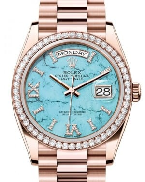 Rolex Day-Date 36-128345RBR (Everose Gold President Bracelet, VI IX Gold Diamond-set Turquoise Dial, Diamond Bezel)