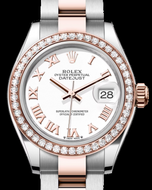 Rolex Lady-Datejust 28-279381RBR (Everose Rolesor Oyster Bracelet, White Roman Dial, Diamond Bezel)