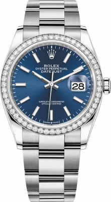 Rolex Datejust 36-126284RBR (Oystersteel Oyster Bracelet, Bright-blue Index Dial, Diamond Bezel)