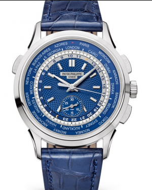 Patek Philippe Complications 39.5-5930G-001 (Shiny-blue Alligator Leather Strap, Hong Kong Hand-guilloched Blue Index Dial, White Gold Smooth Bezel)