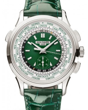 Patek Philippe Complications 39.5-5930P-001 (Shiny Bottle-green Alligator Leather Strap, Hand-guilloched Green Index Dial, Platinum Smooth Bezel)