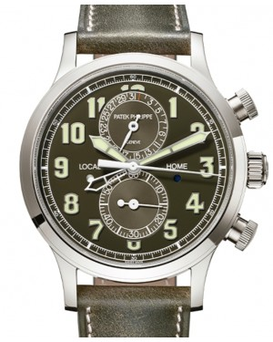 Patek Philippe Complications 42-5924G-010 (Vintage Grained Khaki-green Calfskin Strap, Lacquered Khaki-green Arabic Dial, White Gold Smooth Bezel)