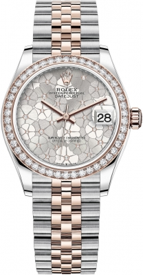 Rolex Datejust 31-278381RBR (Everose Rolesor Jubilee Bracelet, Gold Diamond-set Silver Floral Dial, Diamond Bezel)