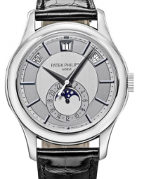 Patek Philippe Complications 40-5205G-001 (Shiny-black Alligator Leather Strap, Rhodium Index Dial, White Gold Smooth Bezel) (5205G-001)