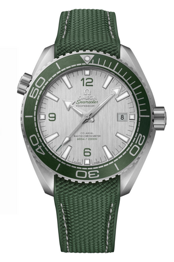 Omega Seamaster Planet Ocean 600M 43.5-215.32.44.21.06.001 (Green Structured Rubber Strap, Vertical-brushed Matte-silver Arabic/Index Dial, Rotating Green Ceramic Bezel)