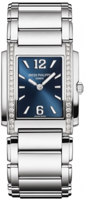 Patek Philippe Twenty~4 25.1x30-4910/1200A-001 (Stainless Steel Bracelet, Blue Sunburst Arabic/Index Dial, Diamond Bezel)