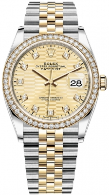 Rolex Datejust 36-126283RBR (Yellow Rolesor Jubilee Bracelet, Gold Diamond-set Golden Fluted Dial, Diamond Bezel)