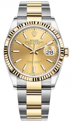 Rolex Datejust 36-126233 (Yellow Rolesor Oyster Bracelet, Champagne Index Dial, Fluted Bezel)