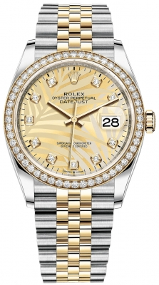 Rolex Datejust 36-126283RBR (Yellow Rolesor Jubilee Bracelet, Gold Diamond-set Golden Palm Dial, Diamond Bezel)