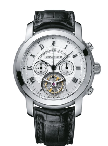 Audemars Piguet Jules Audemars 43-26010BC.OO.D002CR.01 (Black Alligator Leather Strap, Silver-toned Guilloche Roman Dial, White Gold Smooth Bezel)