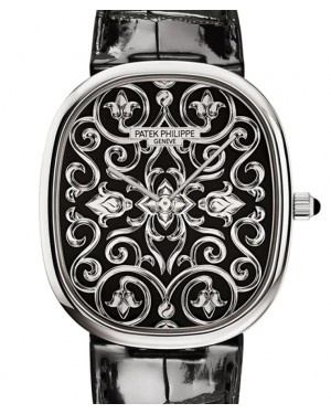 Patek Philippe Golden Ellipse 34.5x39.5-5738/51G-001 (Shiny-black Alligator Leather Strap, Black Enamel Hand-engraved Arabesques/Volutes Dial, White Gold Smooth Bezel)