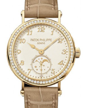 Patek Philippe Complications 33-7121J-001 (Matte Pearly-beige Alligator Leather Strap, Ivory-cream Arabic Dial, Diamond Bezel)