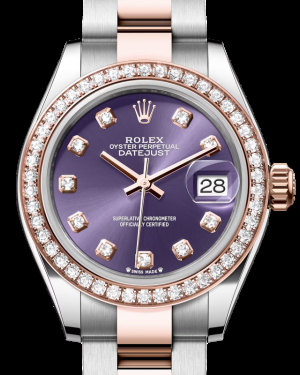 Rolex Lady-Datejust 28-279381RBR (Everose Rolesor Oyster Bracelet, Gold Diamond-set Aubergine Dial, Diamond Bezel)