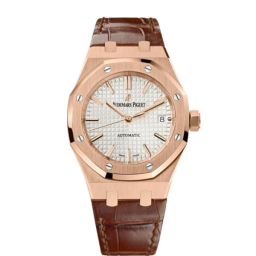 Audemars Piguet Royal Oak 37-15450OR.OO.D088CR.01 (Brown Alligator Leather Strap, Grande Tapisserie Silver-toned Index Dial, Pink Gold Smooth Bezel) (15450OR.OO.D088CR.01)